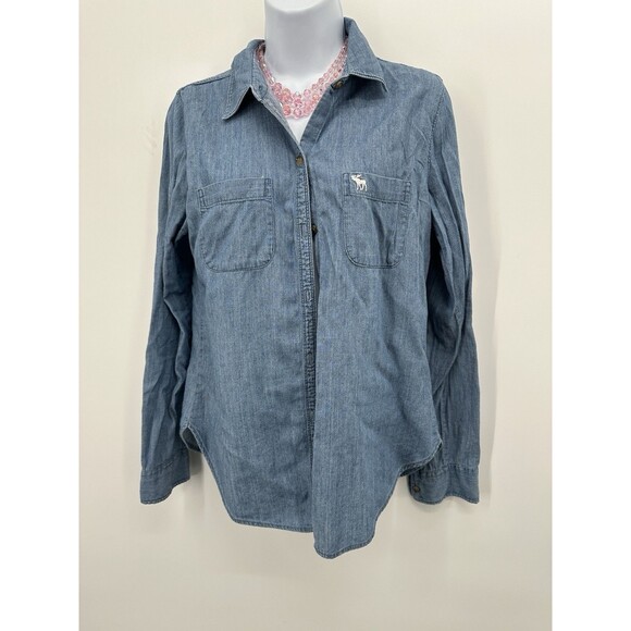 VTG Y2K Abercrombie & Fitch Muscle Blue Chambray Button Up Shirt M Work wear - Picture 2 of 9